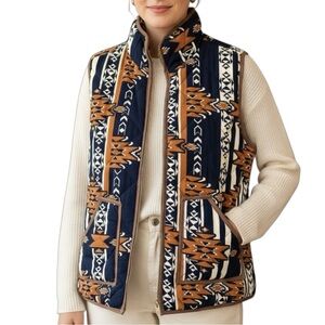 Bo Bel Navy Brown Aztec Southwest Print Faux Suede Puffer Quilted Vest Medium